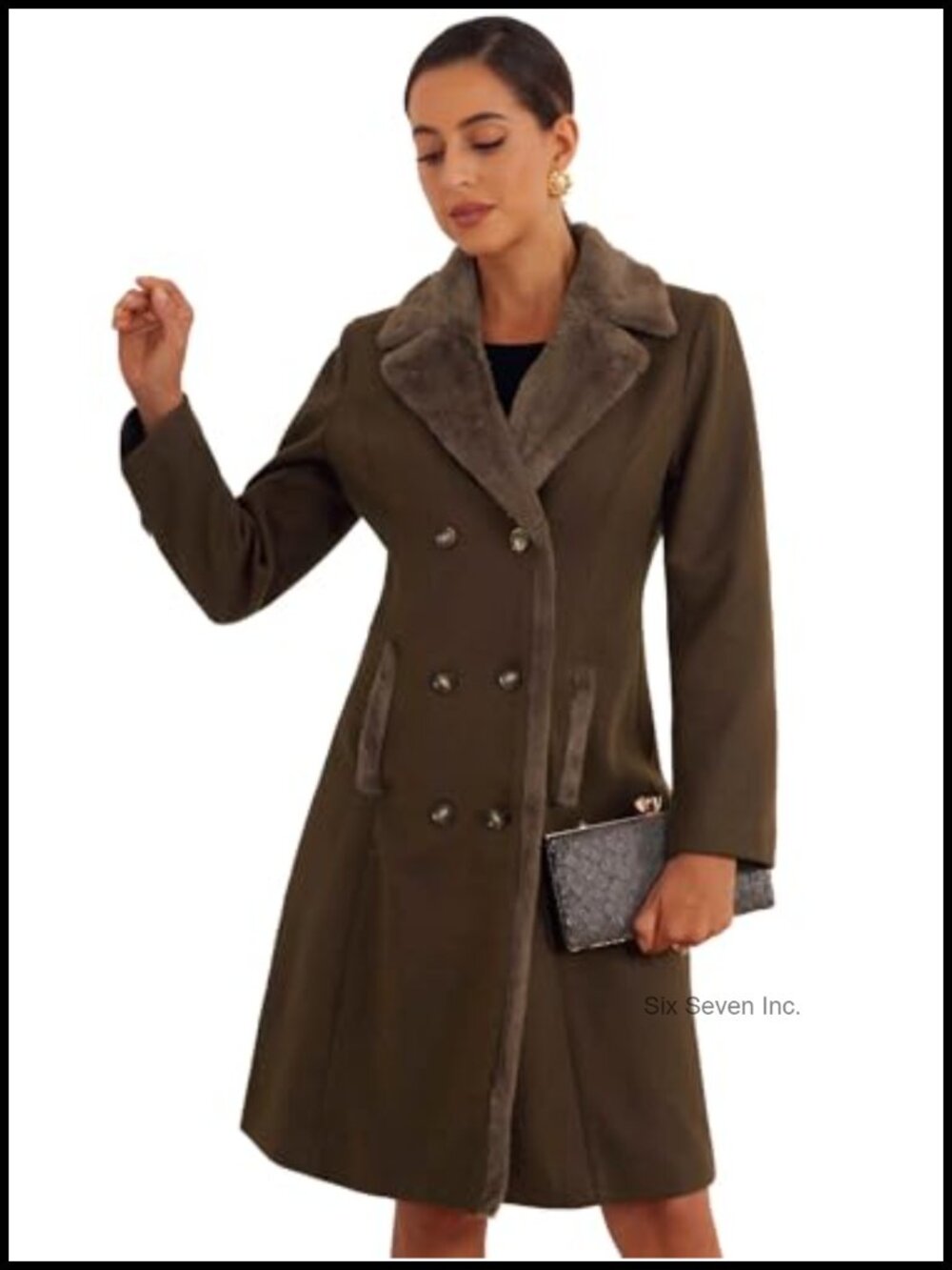 Womens Faux Fur Lapel Double Breasted Winter Overcoat Warm Coat